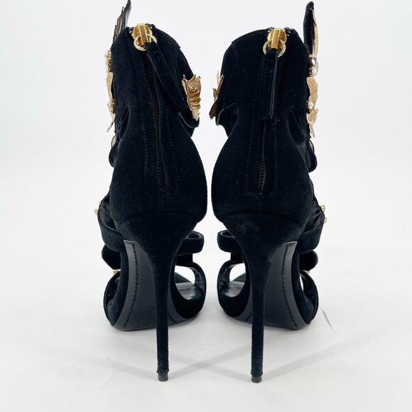 Giuseppe Zanotti Coline Black Suede Gold Leaf Crystal Heel Sandals size IT 37.5 - Picture 7 of 13